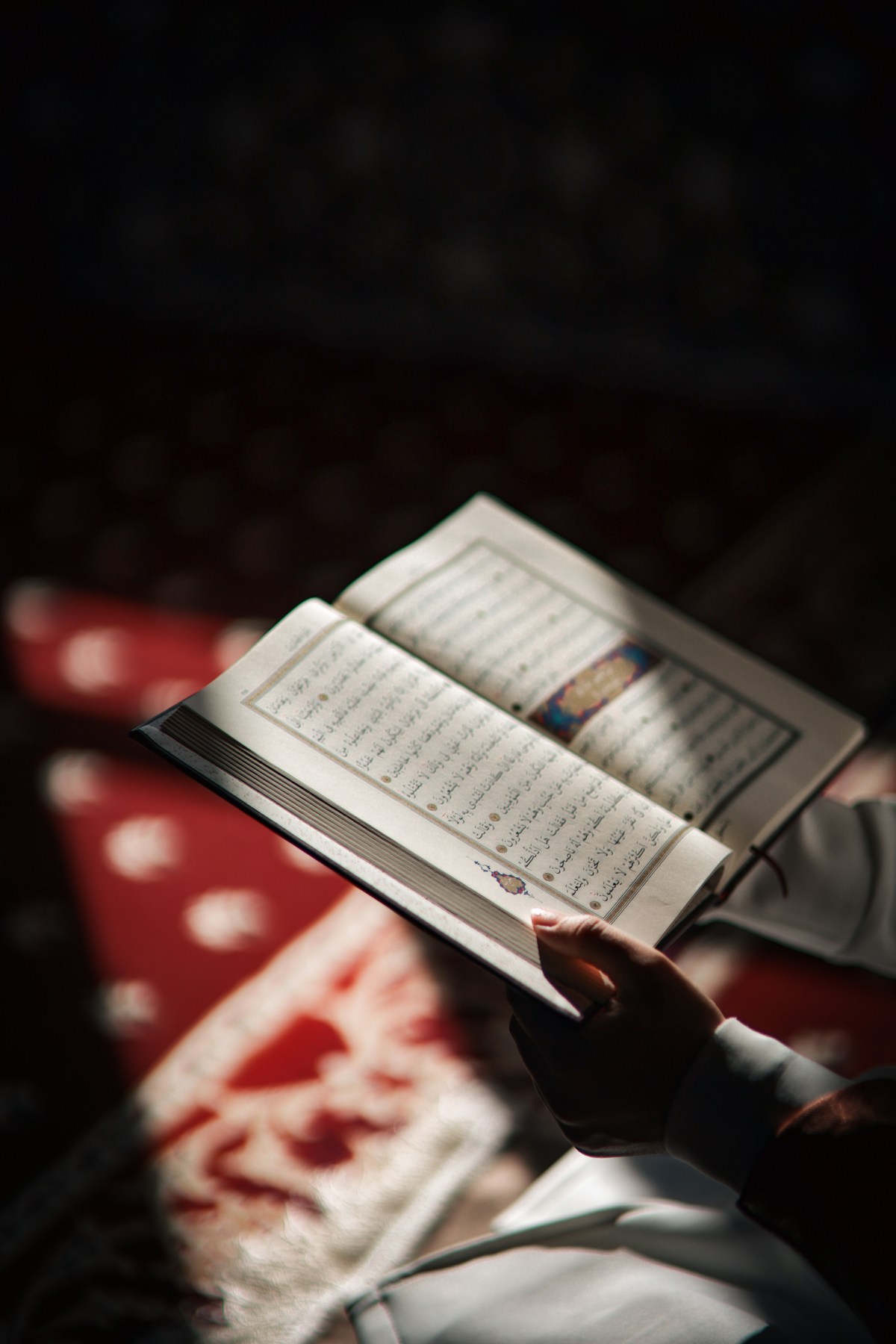 An open Qur'an held in the light, over a prayer carpet